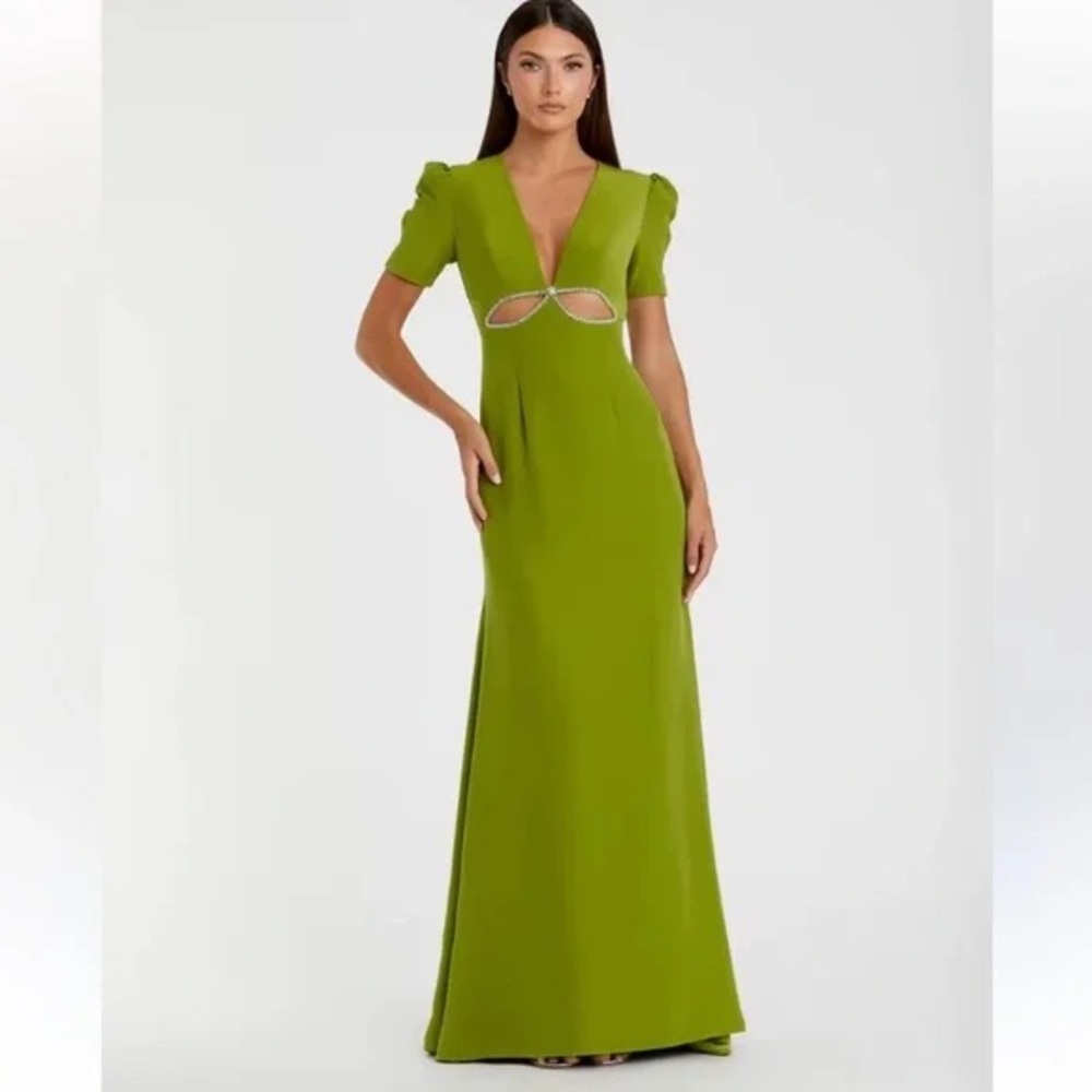 MAC DUGGAL Puff Sleeve Embellished Cutout Evening Gown - Apple Green